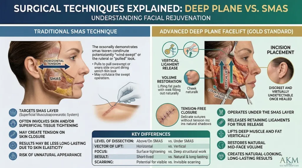 Awake mini facelift surgical techniques infographic comparing deep plane vs SMAS, showing vertical lift, ligament release, and incision placement.