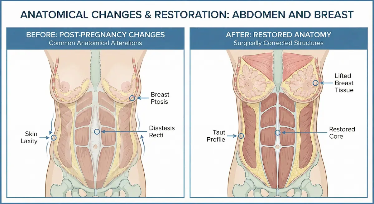 Before-and-after anatomy diagram of abdomen and breasts showing skin laxity, diastasis, and breast ptosis vs restored contour in an Awake Mommy Makeover.