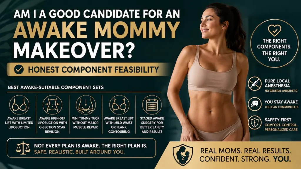 Awake Mommy Makeover candidate infographic showing honest component feasibility and pure local anesthesia criteria