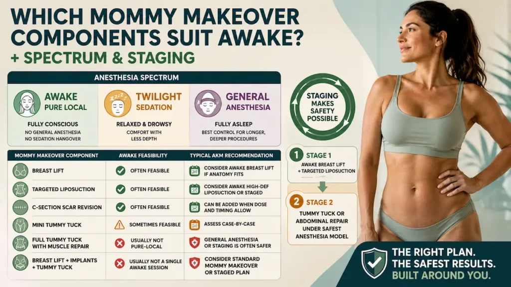Awake Mommy Makeover components infographic showing which procedures suit pure local anesthesia and staging