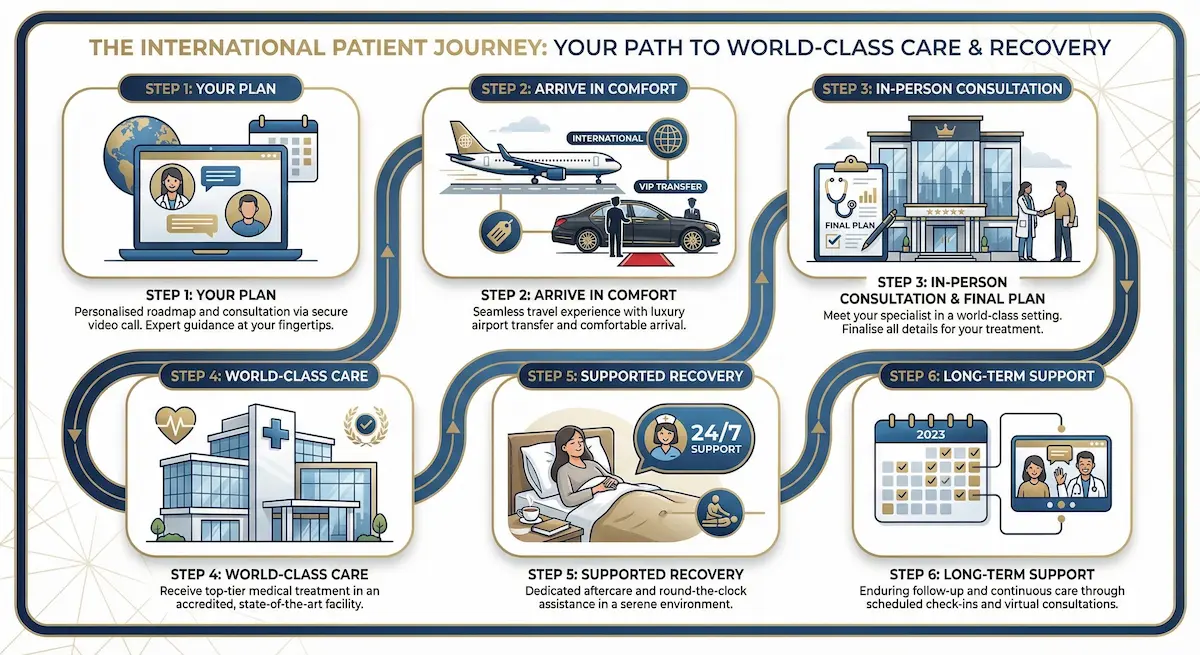 Infographic showing the international patient journey for an Awake Mommy Makeover, including virtual consult, travel, hospital care, recovery support, and follow-up.