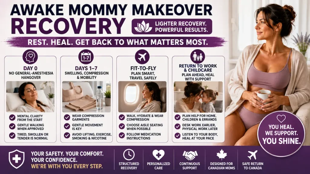Awake Mommy Makeover recovery infographic showing day 0 care, compression garments, fit-to-fly planning, and childcare support