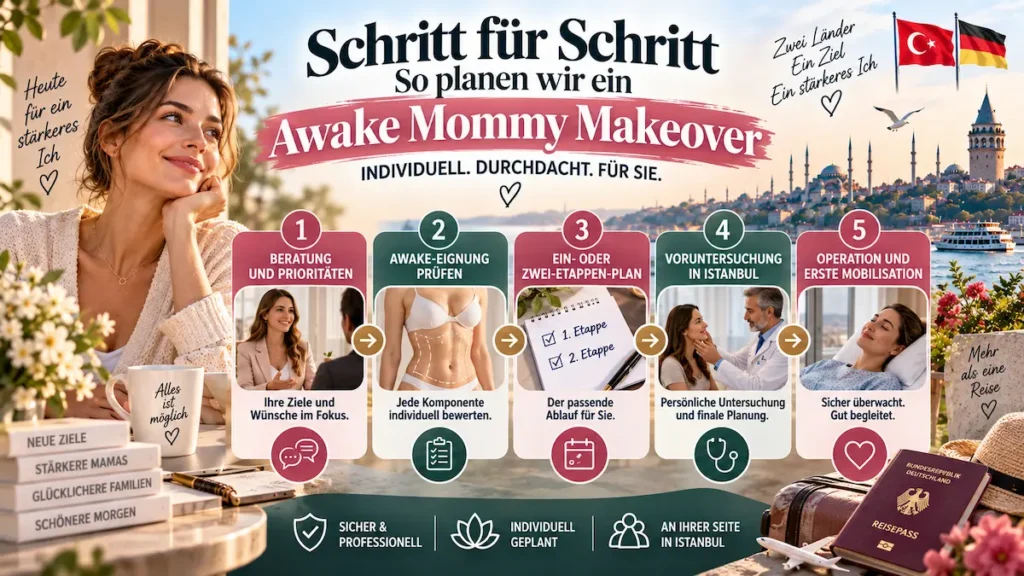 Mommy Makeover ohne Vollnarkose mit fünf Planungsschritten von Beratung und Eignungsprüfung bis Operation in Istanbul.