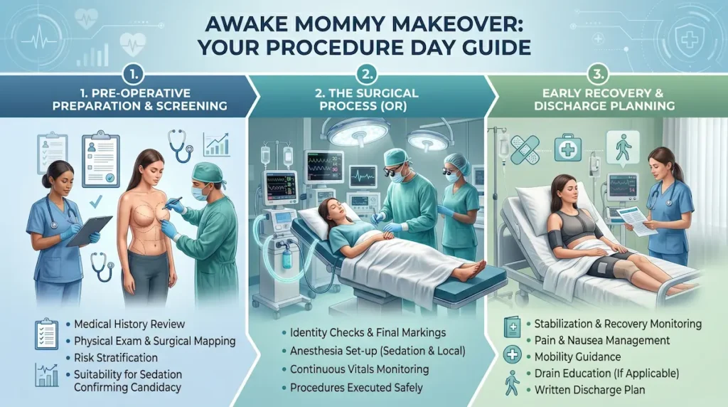 Awake Mommy Makeover surgery step-by-step infographic showing pre-op screening, operating room process, and early recovery with discharge planning.