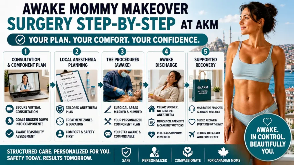 Awake Mommy Makeover surgery step-by-step infographic showing consultation, local anesthesia planning, awake procedure, discharge, and recovery at AKM