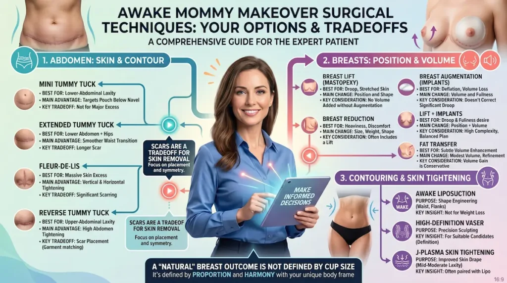 Awake Mommy Makeover surgical techniques infographic showing tummy tuck types, breast reshaping options, and contouring methods with key tradeoffs.