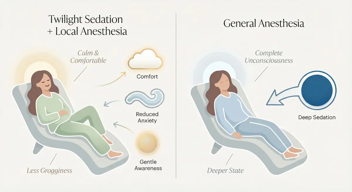Side-by-side graphic comparing twilight sedation with local anesthesia and general anesthesia for an Awake Mommy Makeover.