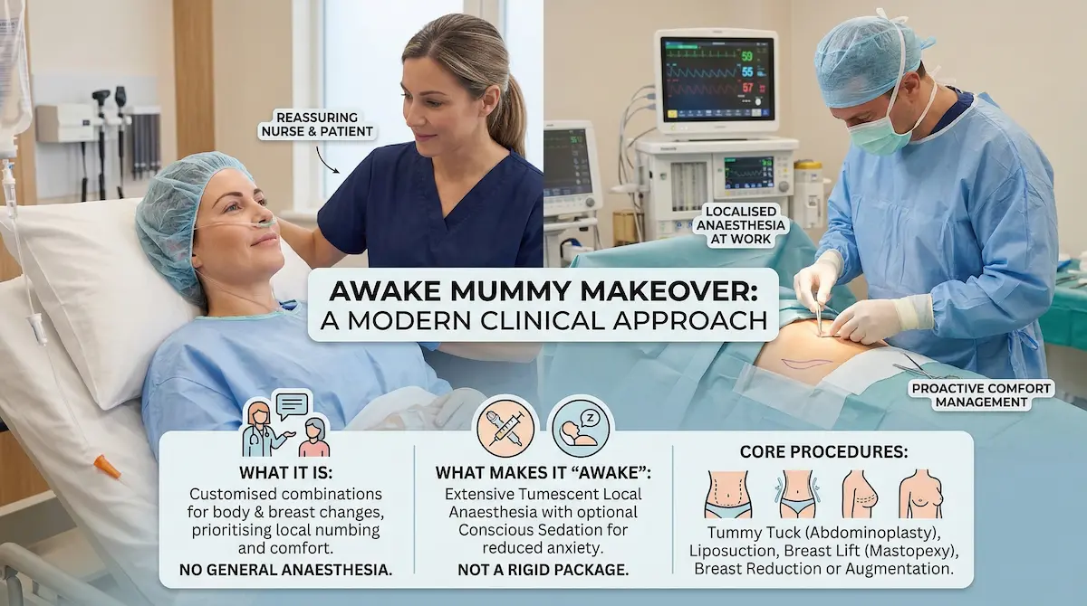 Awake mummy makeover infographic showing tumescent local anaesthesia, optional conscious sedation, nurse support and tummy tuck.