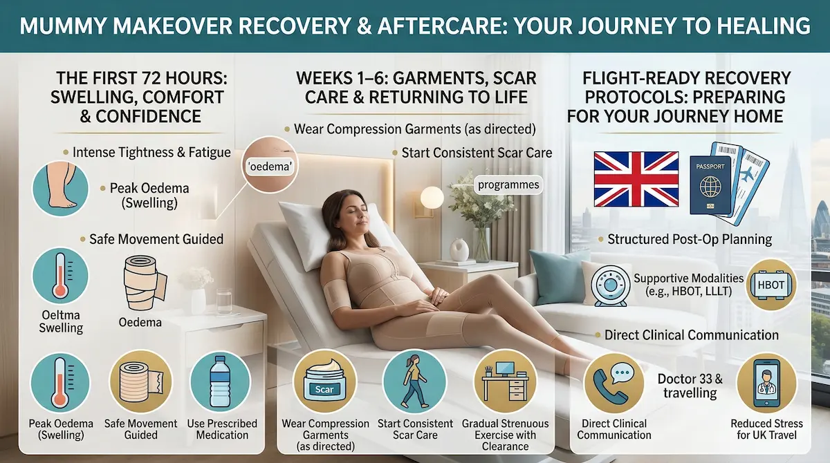 Awake mummy makeover recovery infographic showing the first 72 hours (swelling/oedema), weeks 1–6 garment and scar care, and flight-ready recovery protocols for UK travel.