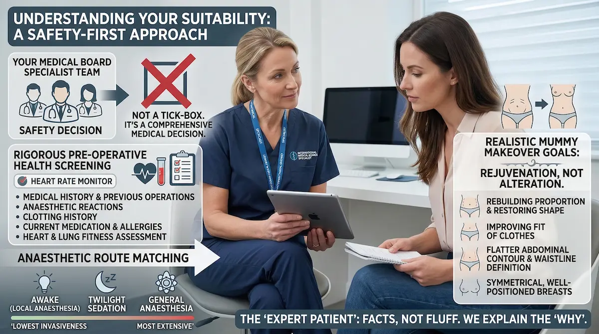 Awake mummy makeover suitability infographic showing pre-operative health screening and anaesthetic route matching (awake, twilight sedation, or general anaesthesia).