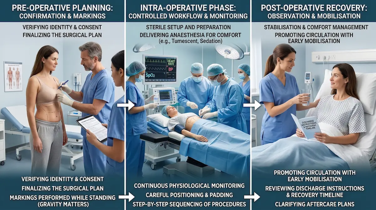 Awake mummy makeover infographic showing pre-operative markings, intra-operative monitoring during surgery, and post-operative recovery with early mobilisation and discharge guidance.