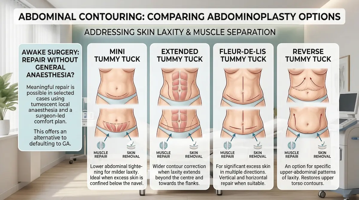 Awake mummy makeover infographic comparing tummy tuck (abdominoplasty) options: mini, extended, fleur-de-lis and reverse, for skin laxity and muscle separation.
