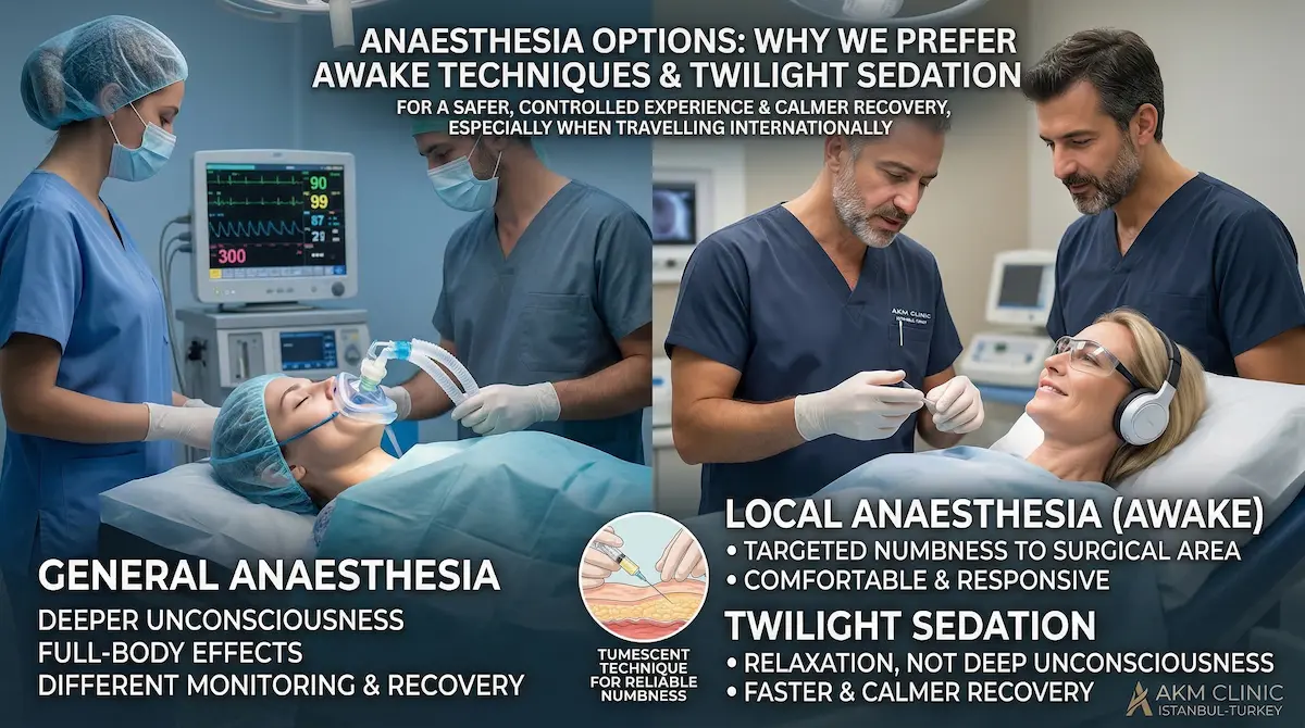 Awake neck lift anaesthesia comparison showing general anaesthesia vs tumescent local anaesthesia and twilight sedation