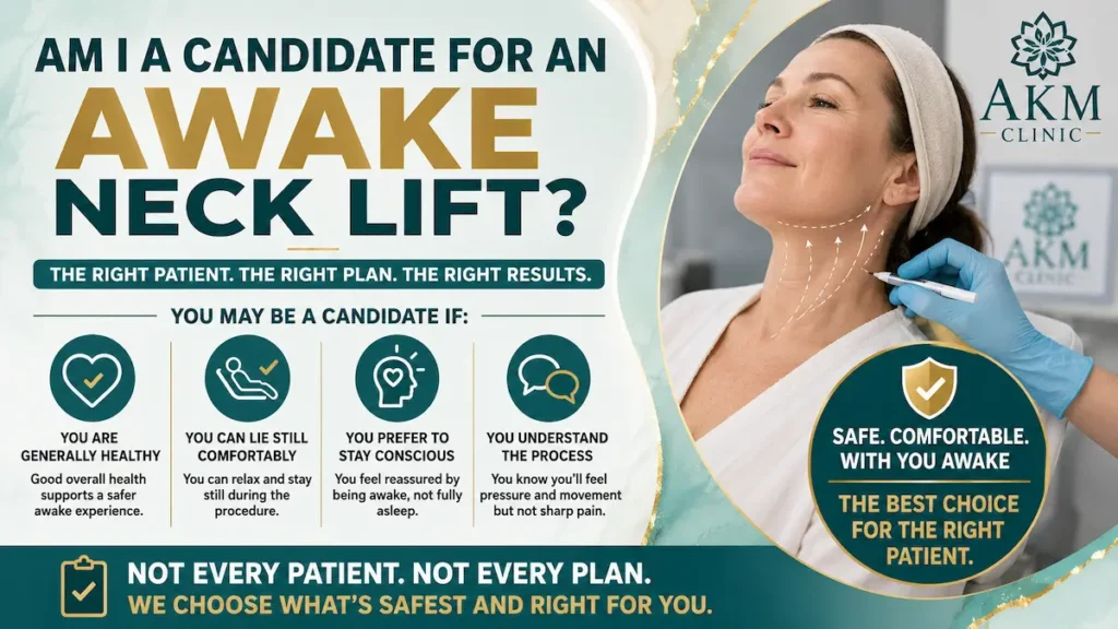 Awake neck lift candidate assessment showing a healthy patient with neck markings and criteria for pure local anesthesia suitability.