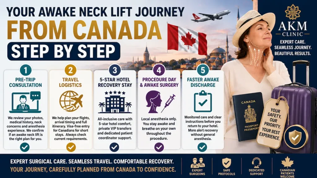 Awake neck lift journey from Canada to Turkey showing consultation, travel logistics, 5-star hotel recovery, awake surgery, and discharge planning.