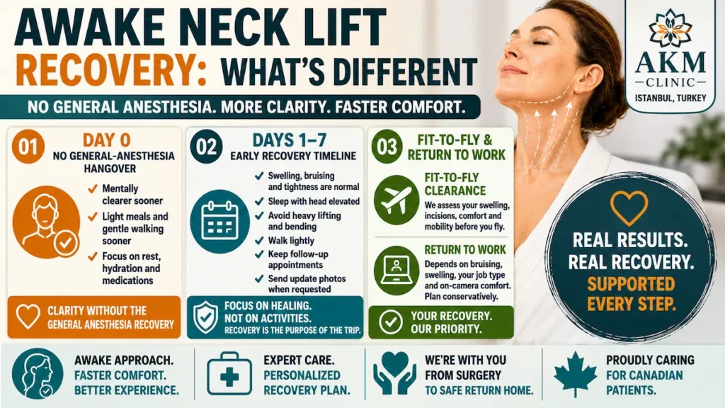 Awake neck lift recovery timeline showing no general anesthesia hangover, days 1 to 7 healing, fit-to-fly clearance, and return-to-work guidance.