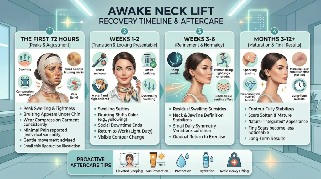 Awake neck lift recovery timeline infographic showing the first 72 hours, weeks 1–2, weeks 3–6, and months 3–12 aftercare.