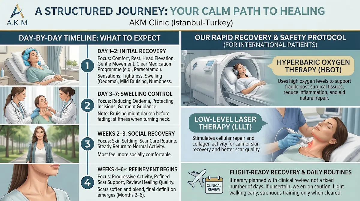 Awake neck lift recovery infographic: day-by-day timeline with Hyperbaric Oxygen Therapy (HBOT) and LLLT