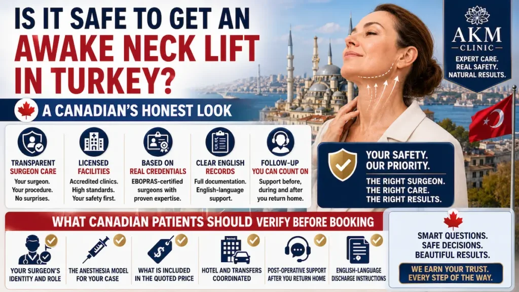 Awake neck lift in Turkey safety guide for Canadian patients showing surgeon transparency, licensed facilities, credentials, follow-up support, and English records.