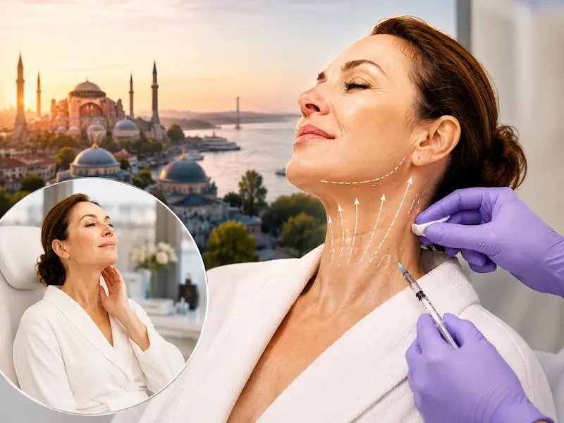 Awake neck lift surgery under local anesthesia showing neck contour markings, pure local numbing, and a calm conscious patient during treatment.