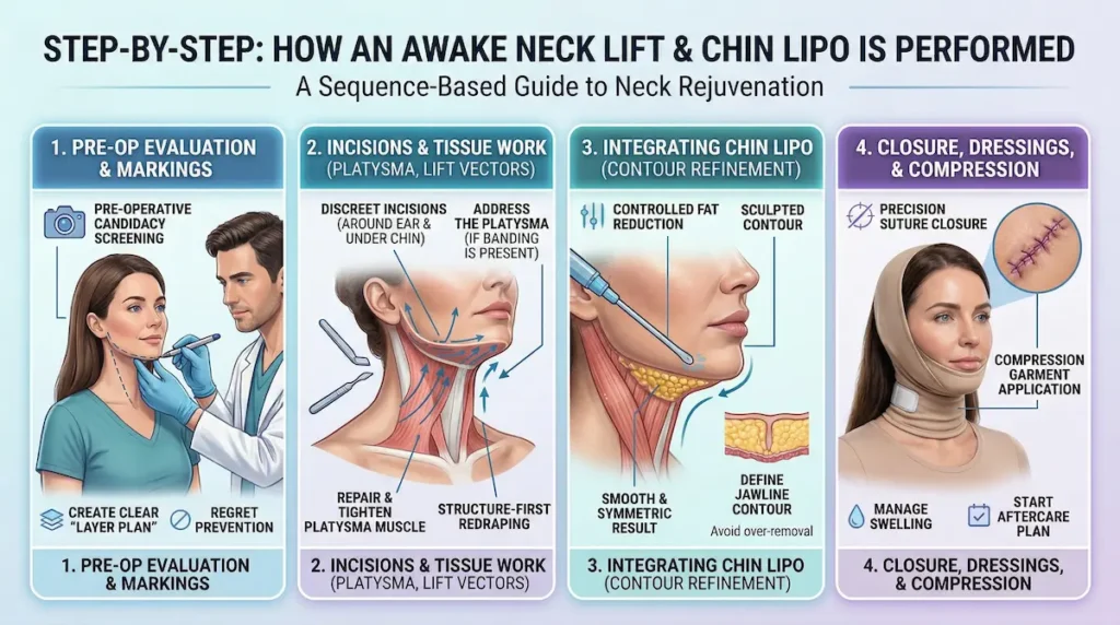 Awake neck lift step-by-step infographic showing pre-op planning, incisions, chin lipo contouring, and compression aftercare.
