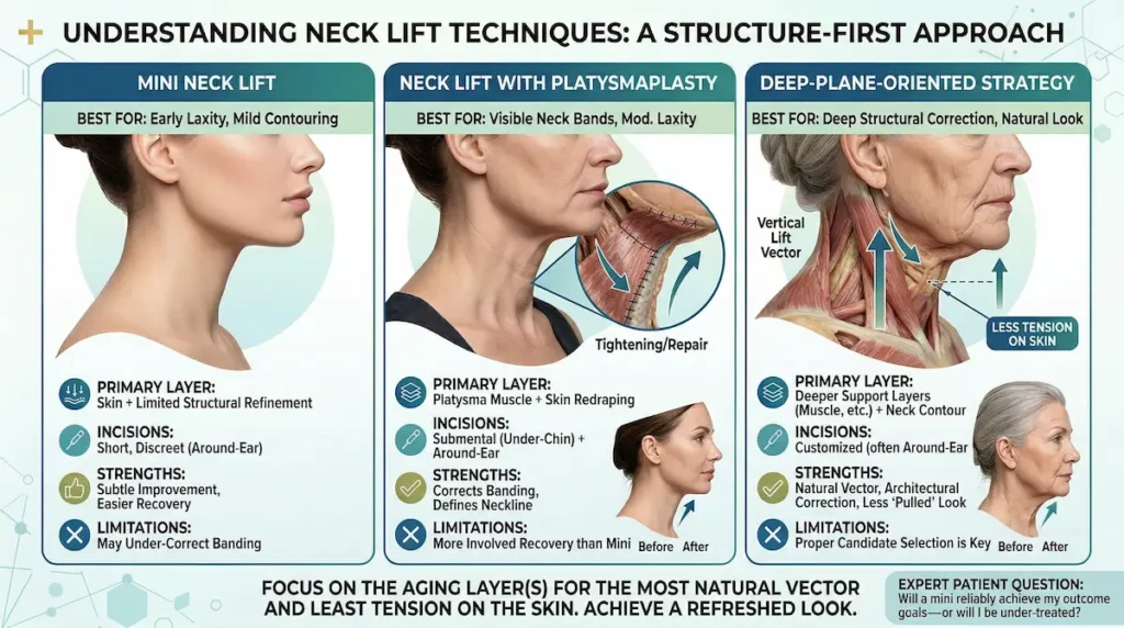Awake neck lift techniques infographic comparing mini neck lift, platysmaplasty, and deep-plane strategy.