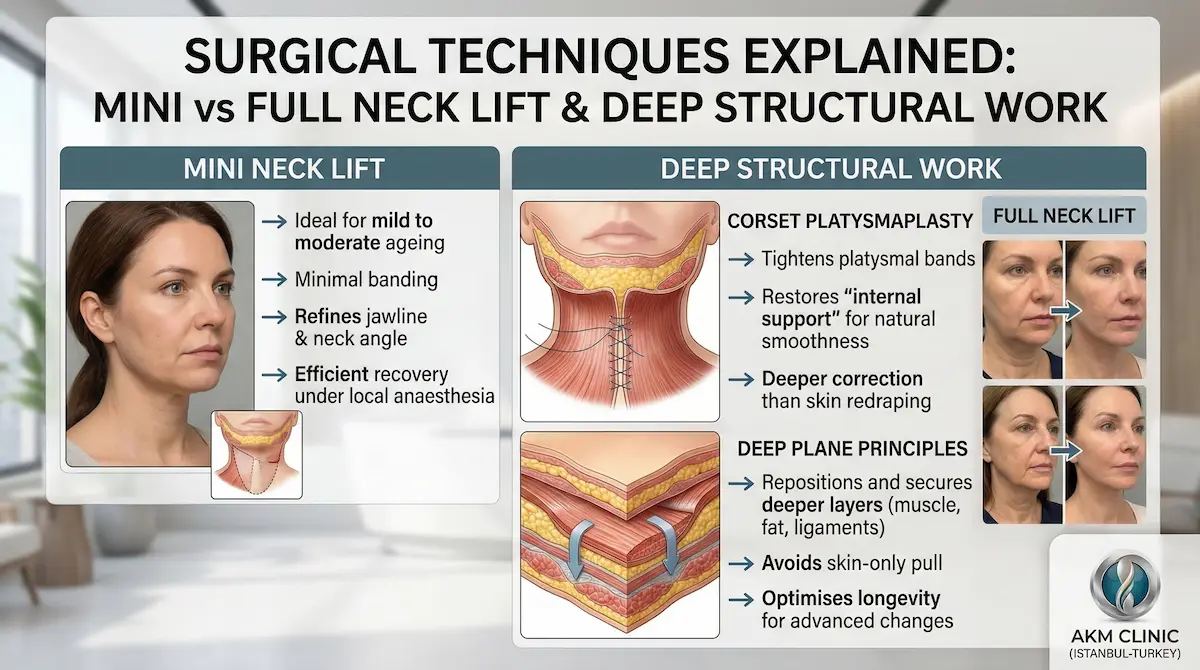 Awake neck lift graphic: mini neck lift vs corset platysmaplasty and deep plane principles (local anaesthesia)