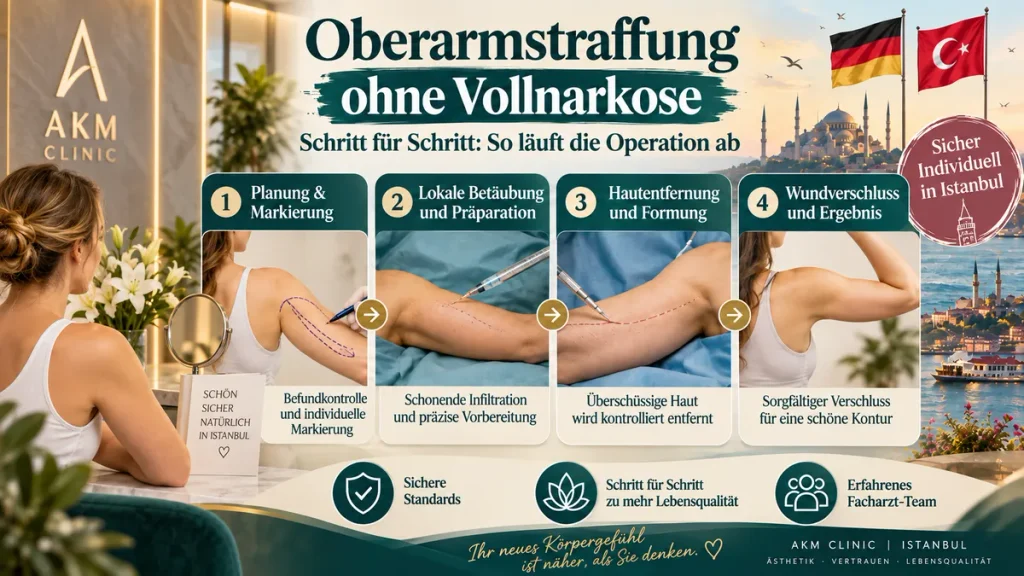Oberarmstraffung ohne Vollnarkose: Infografik zum OP-Ablauf mit Markierung, örtlicher Betäubung, Hautentfernung und Wundverschluss.