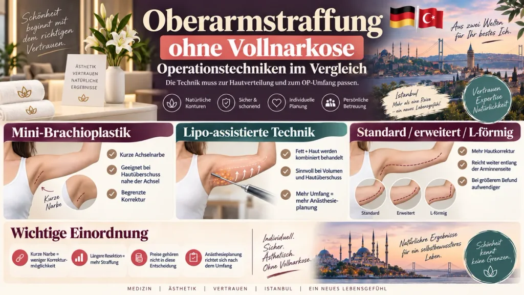 Oberarmstraffung ohne Vollnarkose: Vergleich von Mini-Brachioplastik, lipo-assistierter Technik und erweiterten Straffungsverfahren.