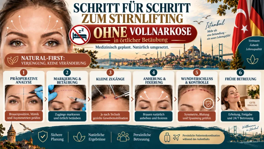 Stirnlifting ohne Vollnarkose: Infografik zum Ablauf von Analyse und örtlicher Betäubung bis Fixierung, Wundkontrolle und früher Betreuung.