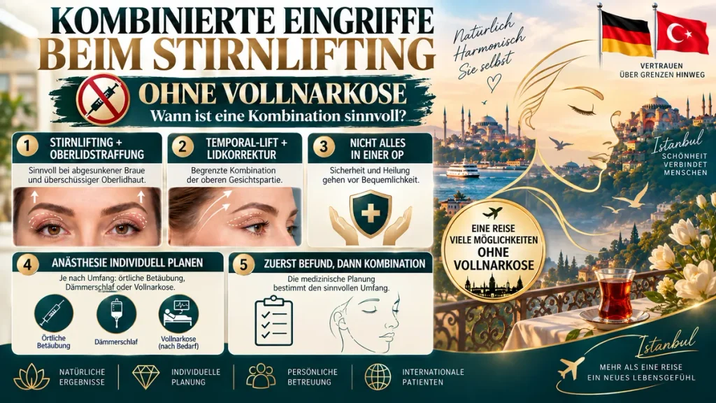 Stirnlifting ohne Vollnarkose: Infografik zu Kombinationen mit Oberlidstraffung, Lidkorrektur und individuell gewählter Anästhesie.