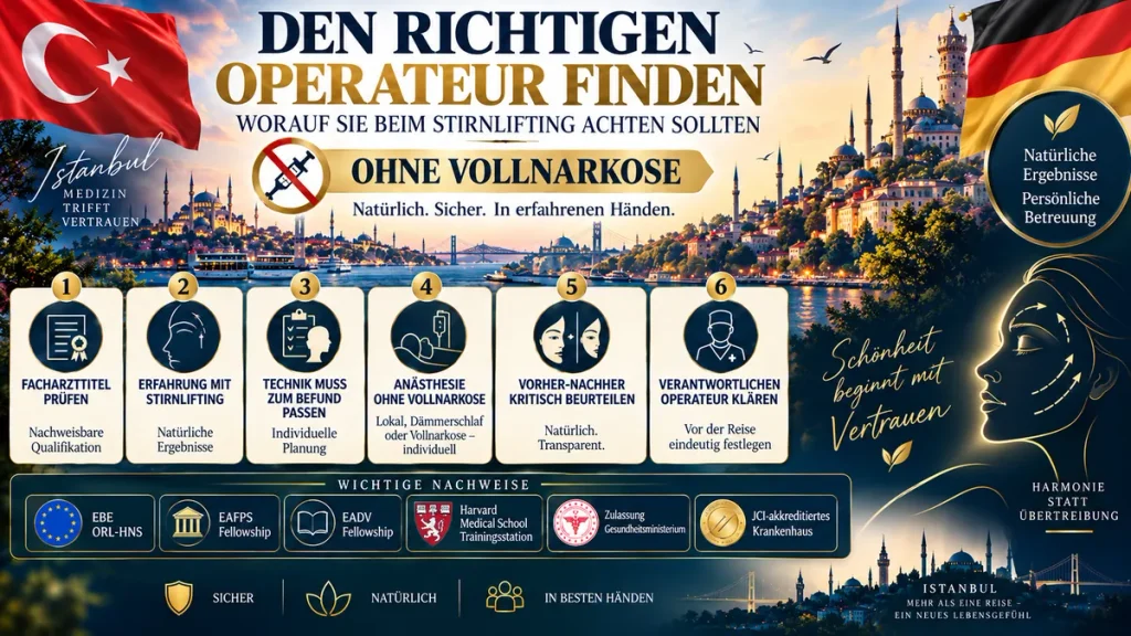 Stirnlifting ohne Vollnarkose: Infografik zur Operateurwahl mit Facharzttitel, Stirnlifting-Erfahrung, Anästhesieplanung und Qualifikationsnachweisen.