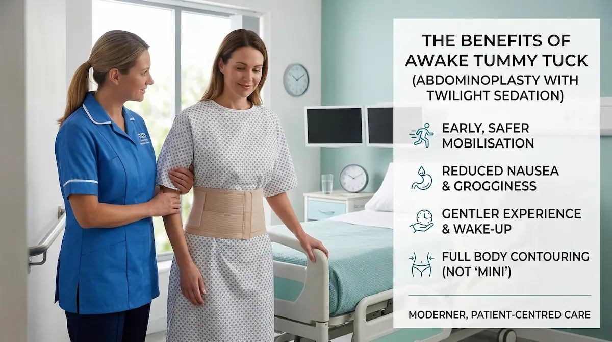 Awake Tummy Tuck benefits graphic for UK patients: early mobilisation, reduced nausea, gentler wake-up, full contouring.