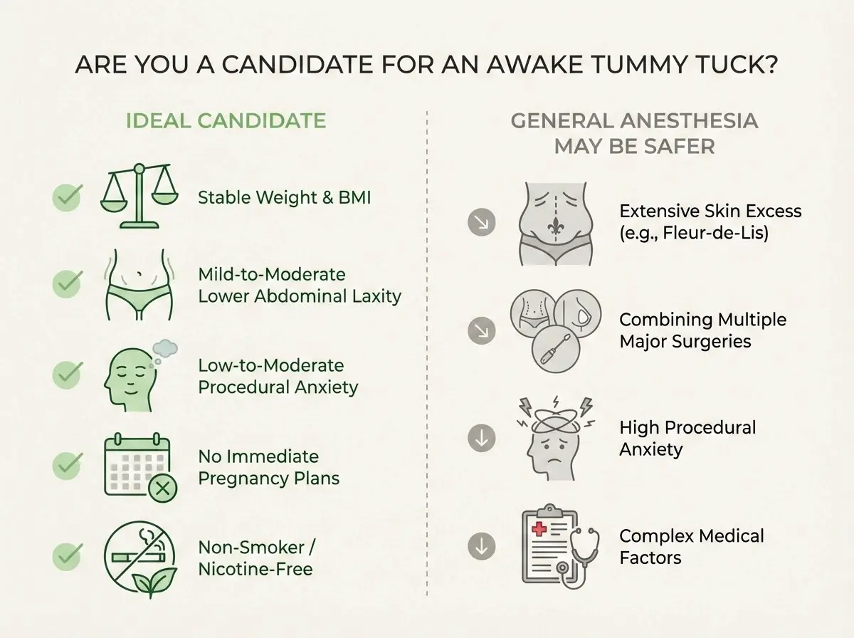 Infographic outlining ideal awake tummy tuck candidates and situations where general anesthesia may be safer.