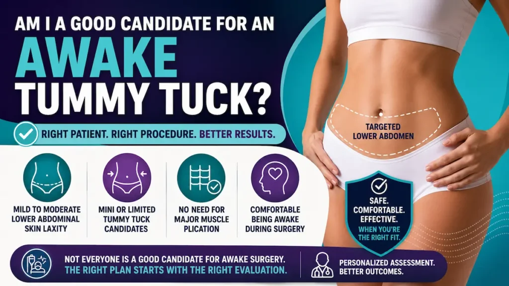 Awake tummy tuck candidate assessment showing lower-abdominal skin laxity, limited tummy tuck suitability, and no major muscle repair.