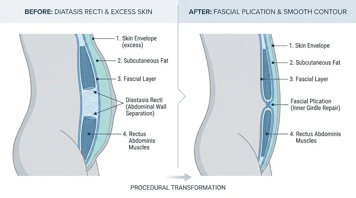 Before-and-after diagram showing diastasis recti separation and fascial plication for a smoother abdominal contour.