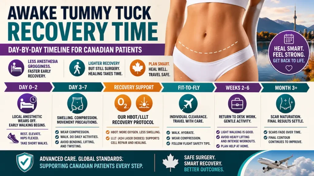 Awake tummy tuck recovery time timeline for Canadian patients showing early walking, fit-to-fly planning, and healing stages.
