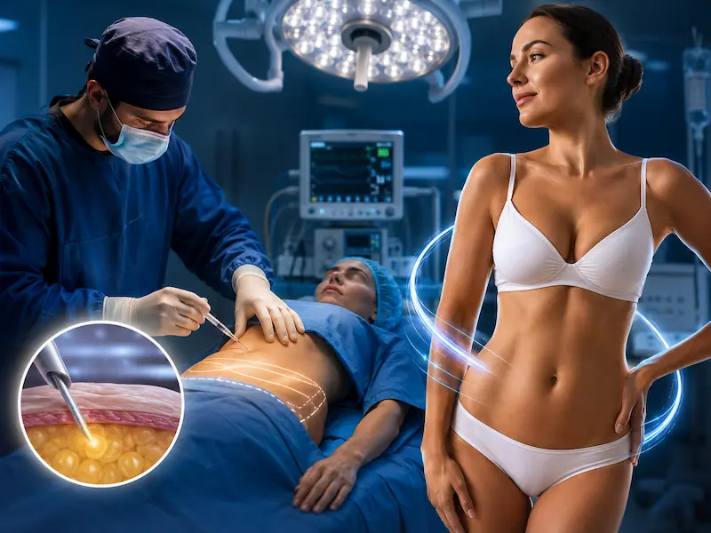 Awake tummy tuck surgery under local anesthesia showing abdominal contouring for a selected patient.