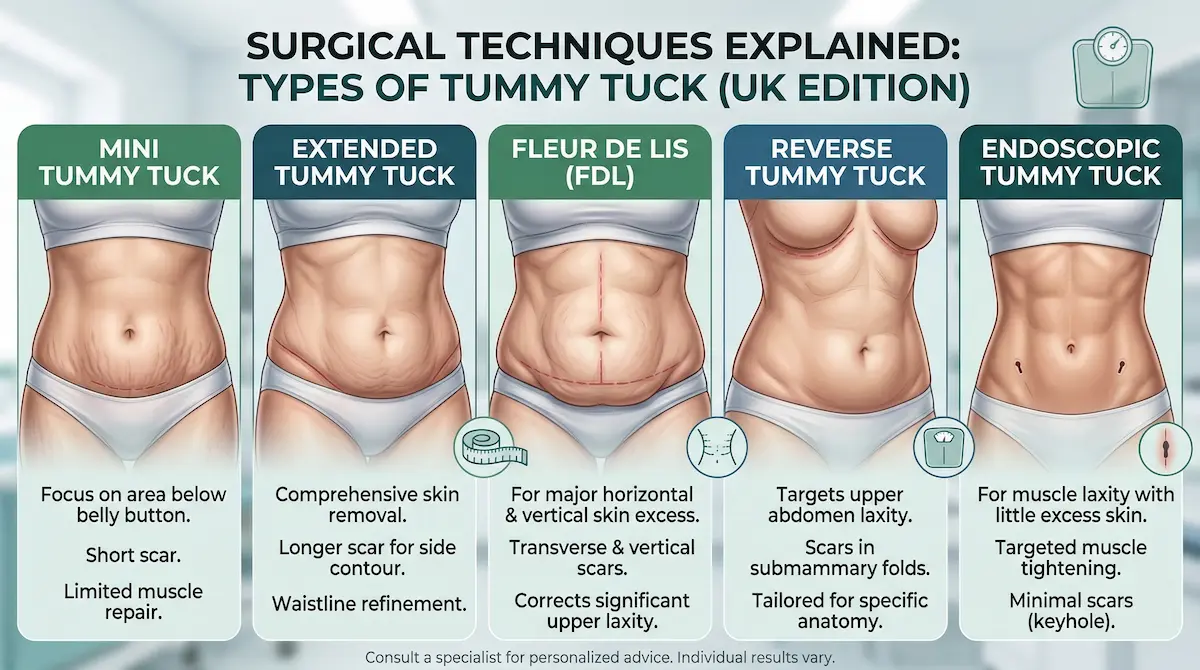 Awake Tummy Tuck techniques UK infographic: mini, extended, FDL, reverse and endoscopic tummy tuck scar patterns.