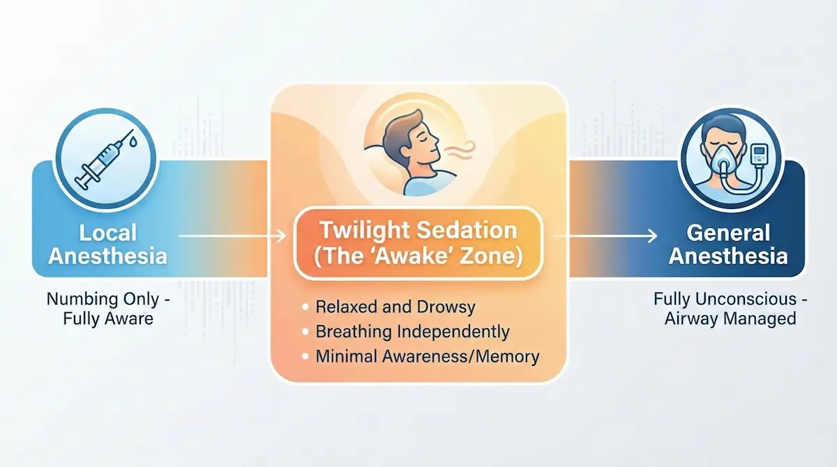 Graphic comparing local anesthesia, twilight sedation (“awake zone”), and general anesthesia for tummy tuck surgery.