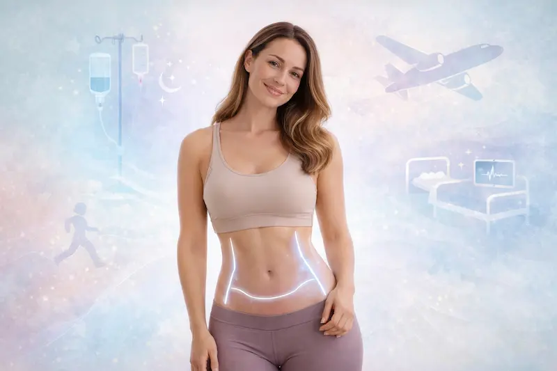Awake Tummy Tuck featured image for UK patients showing abdomen contour highlight and twilight sedation journey icons.