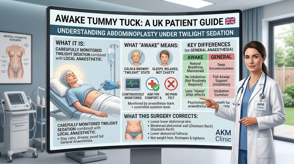 Awake Tummy Tuck UK patient infographic showing twilight sedation vs general anaesthesia and what abdominoplasty corrects.