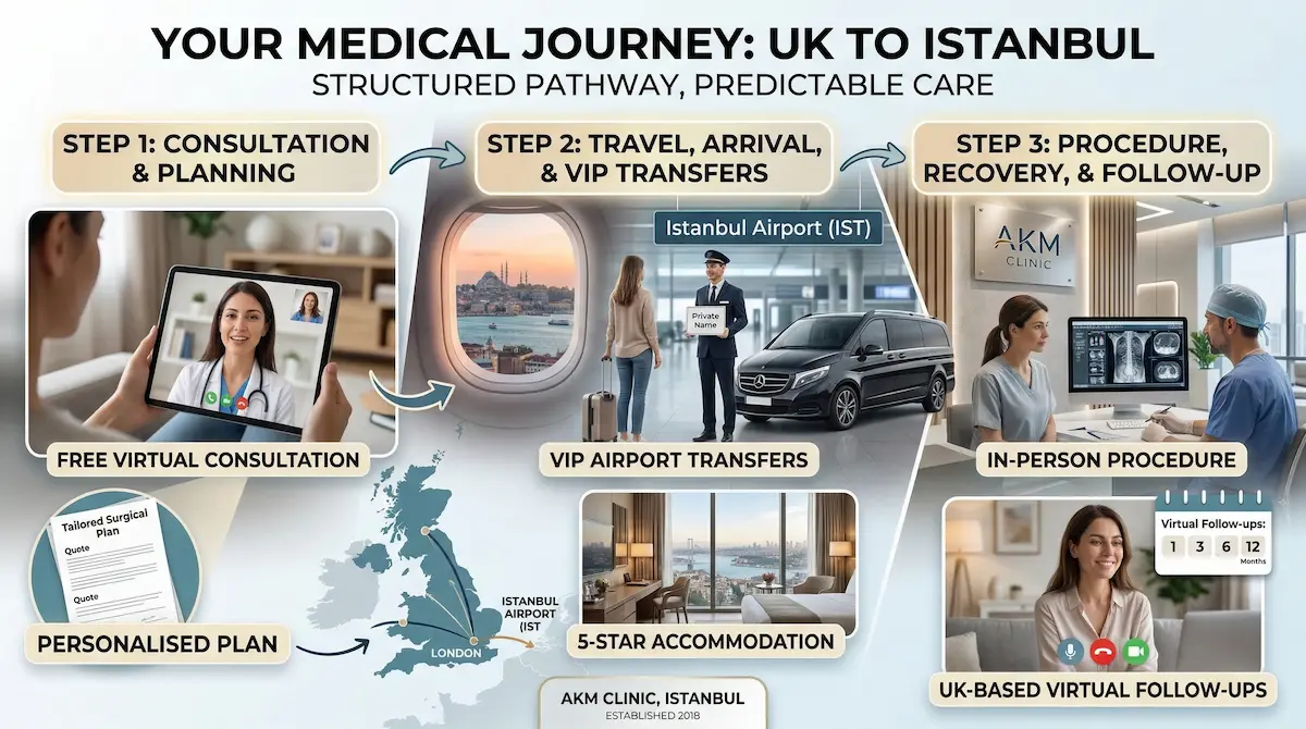 Awake Tummy Tuck UK to Istanbul pathway graphic: virtual consult, VIP airport transfers, 5-star stay, procedure and follow-ups.