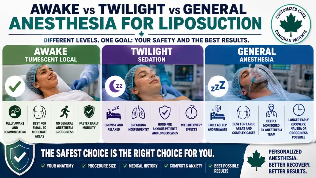 Awake vs Twilight vs General Anesthesia for Liposuction infographic comparing tumescent local anesthesia, sedation, and general anesthesia for Canadian patients.