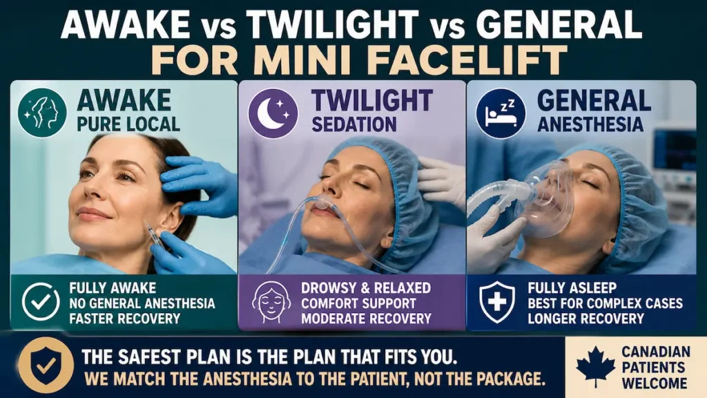 Awake vs Twilight vs General for Mini Facelift comparison showing pure local anesthesia, sedation, and general anesthesia options.
