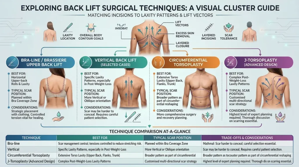 Upper Back Lift technique guide comparing bra-line back lift, vertical back lift, circumferential torsoplasty and J-torsoplasty with scar positions.