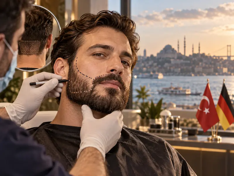 Medizinische Planung einer Bart- und Schnurrbarttransplantation in der Türkei: Bartkontur markiert, Spenderbereich im Spiegel sichtbar.