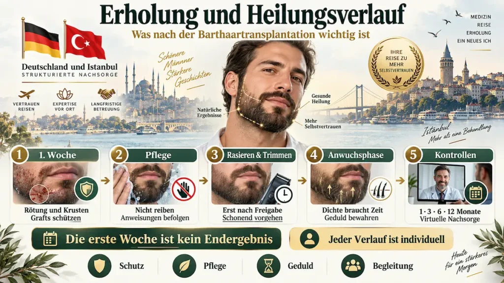 Infografik zur Barthaartransplantation mit erster Woche, Pflege, Rasieren, Anwuchsphase und virtuellen Kontrollen nach der Behandlung.