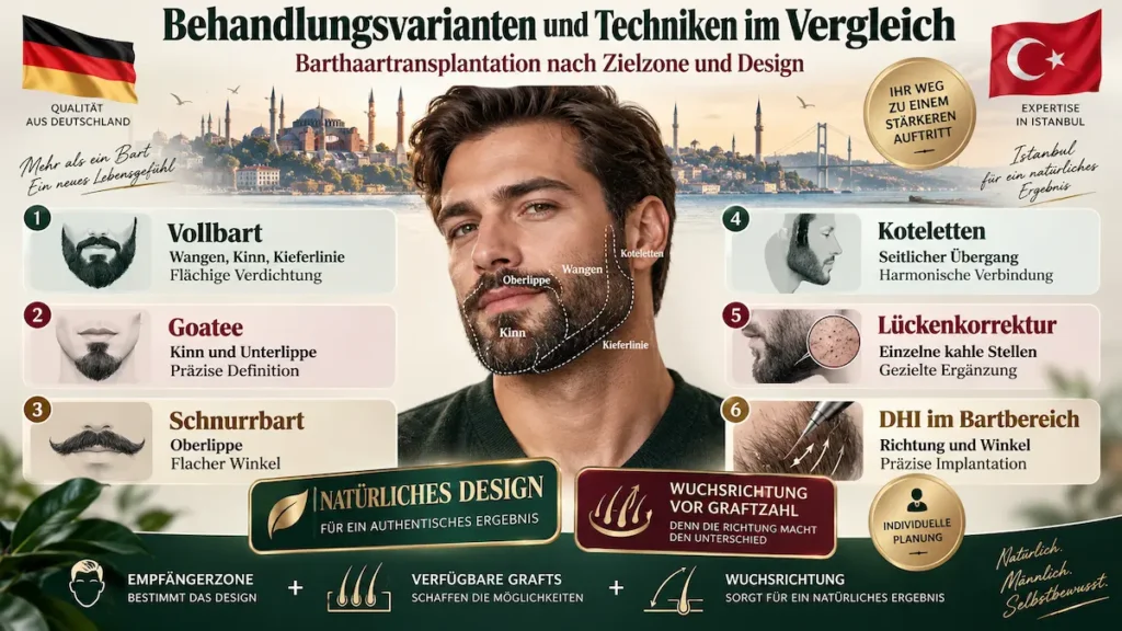 Infografik zur Barthaartransplantation mit Vollbart, Goatee, Schnurrbart, Koteletten, Lückenkorrektur und DHI im Bartbereich.