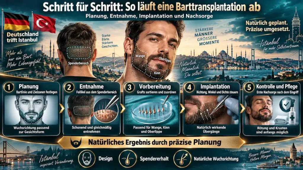 Infografik zum Ablauf einer Barttransplantation mit Planung, Entnahme, Graft-Vorbereitung, Implantation und Nachsorge.